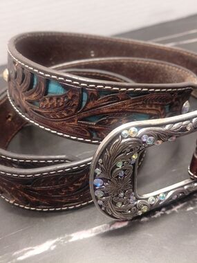 Ariat Brown Leather Belt with Gold Logo Stamp
